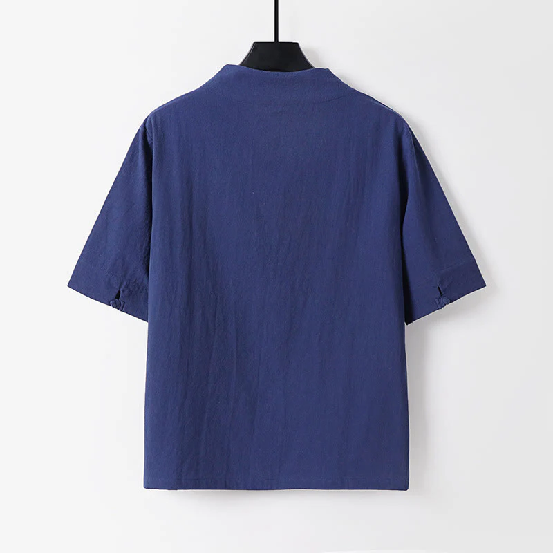 Buddha Stones 2Pcs V-Neck Cotton Half Sleeve Shirt Pants With Pockets Men's Meditation Cloth Set