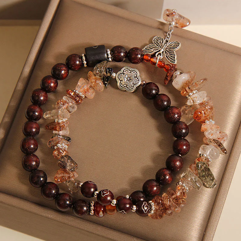 Buddha Stones Natural Rutilated Quartz Small Leaf Red Sandalwood Wealth Butterfly Charm Bracelet