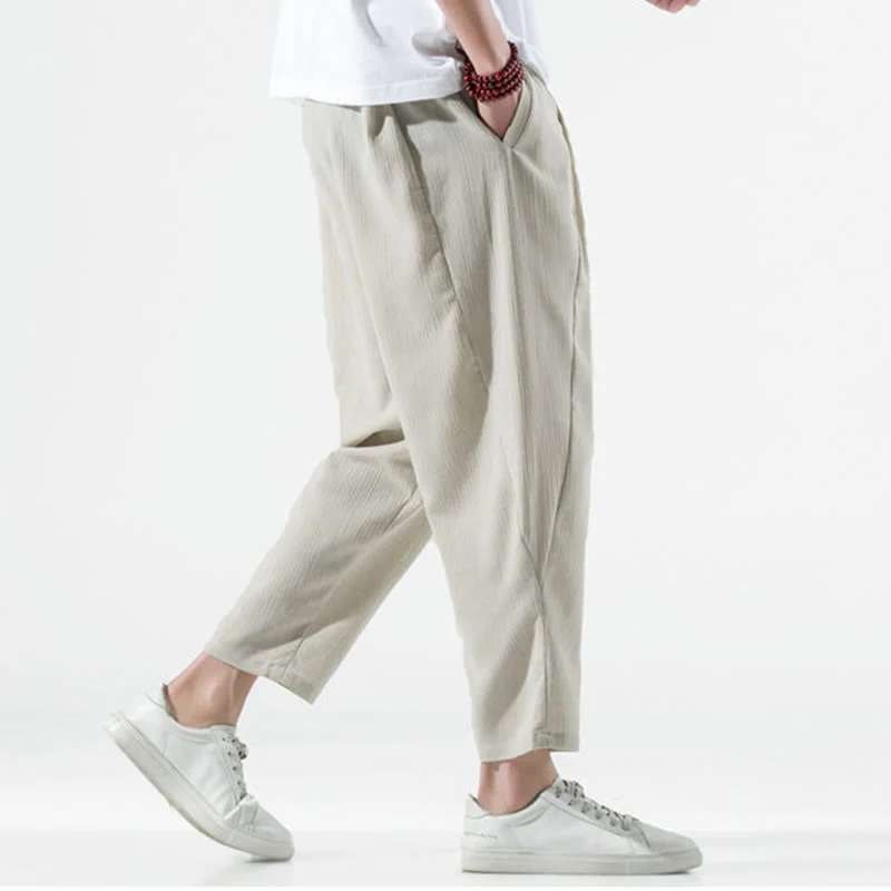 Buddha Stones Casual Plain Pleated Design Drawstring Men's Long Cotton Linen Harem Pants With Pockets