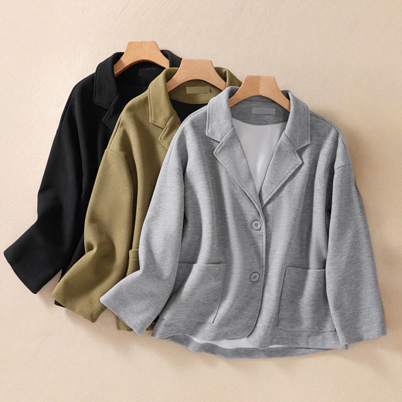Buddha Stones Plain Lapel Women's Cotton Jacket With Pockets