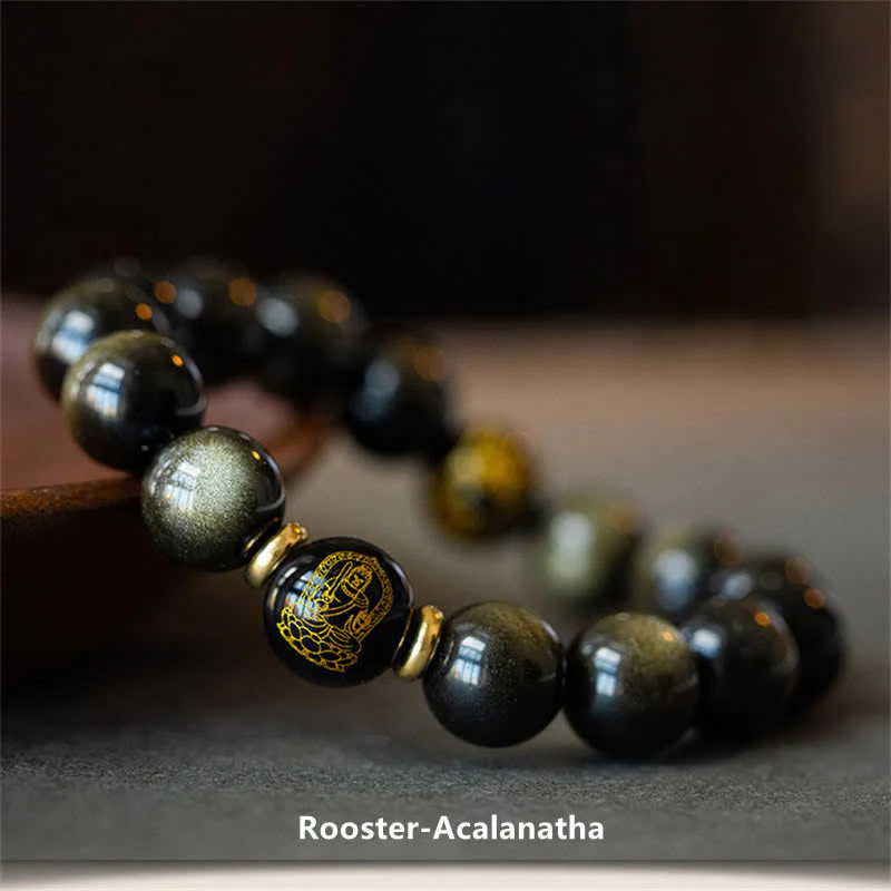 Buddha Stones Chinese Zodiac Natal Buddha Gold Sheen Obsidian Wealth Protection Bracelet