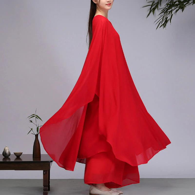 Buddha Stones Simple Pattern Midi Dress Wide Leg Pants Meditation Spiritual Zen Practice Yoga Dance Clothing