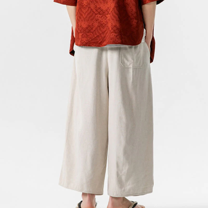 Buddha Stones Casual Loose Frog-Button Plain Men's Cotton Linen 7-8 Length Pants With Pockets