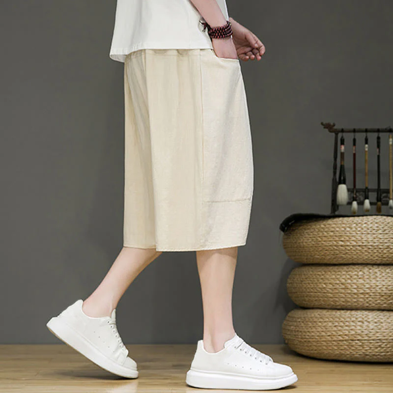 Buddha Stones Casual Drawstring Cotton Linen Men's Capri Harem Pants With Pockets