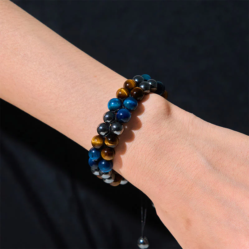 Buddha Stones Natural Blue Tiger Eye Black Magnetite Om Pattern Double Row Beads Strength Bracelet