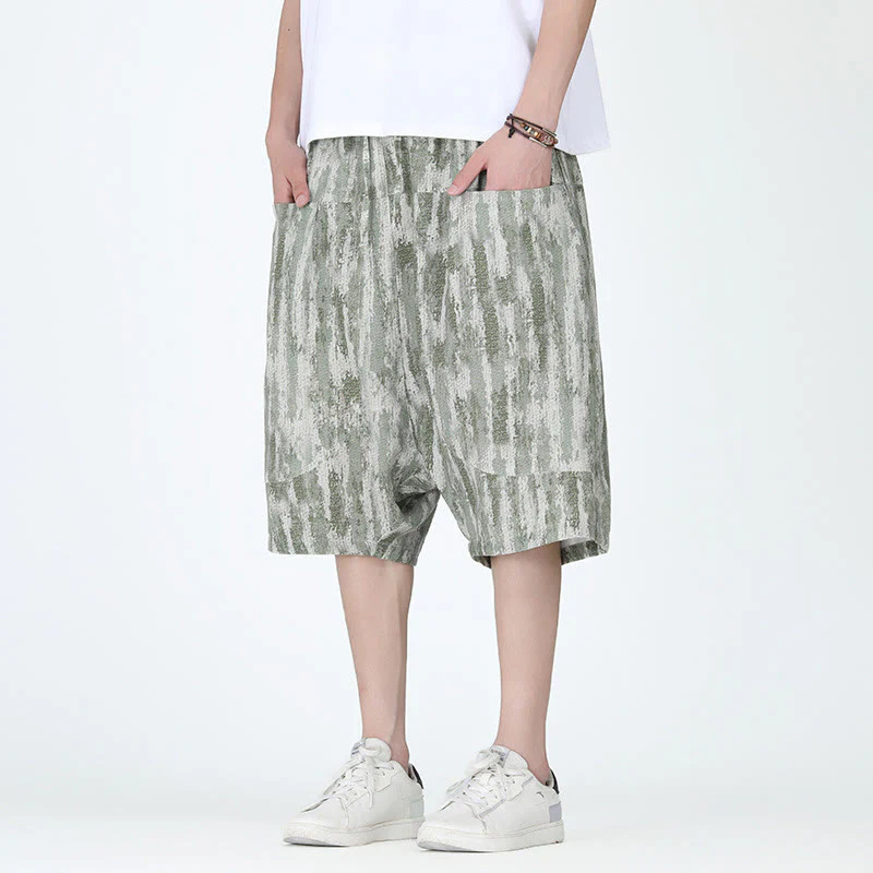 Buddha Stones Summer Stripes Cotton Linen Men's Capri Pants With Pockets