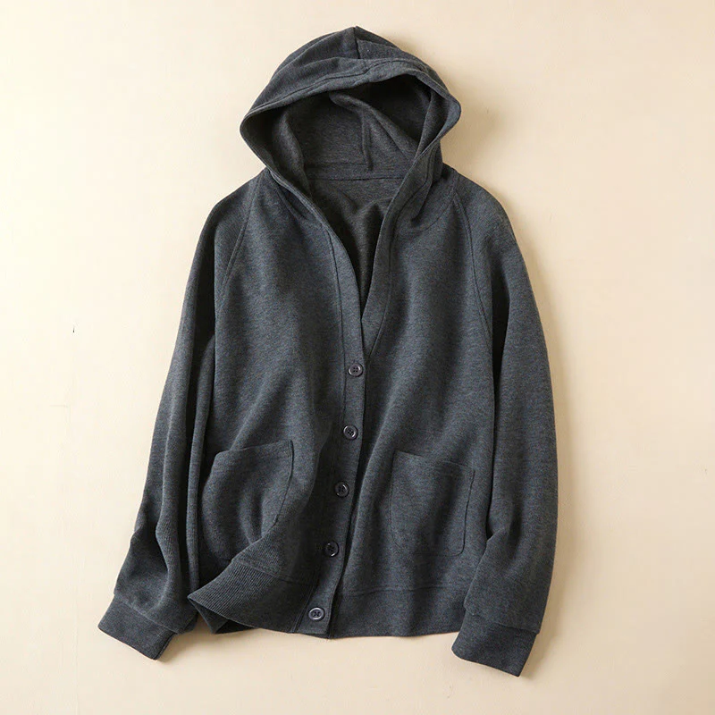 Buddha Stones Plain Buttons Women's Cotton Hooded Jacket With Pockets