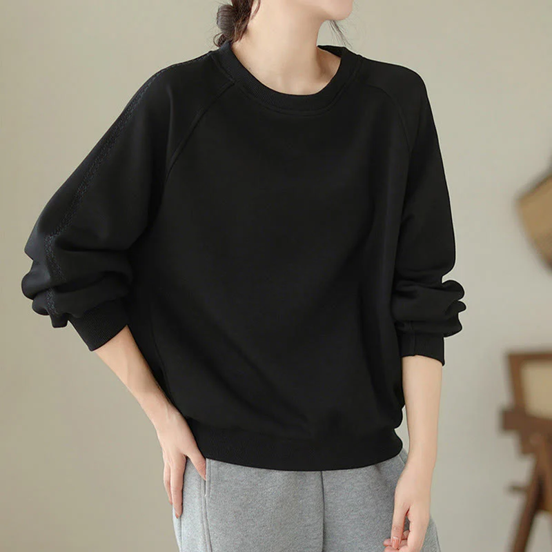 Buddha Stones Fall Plain Crew Neck Cotton Pullover Women's Sweatshirt