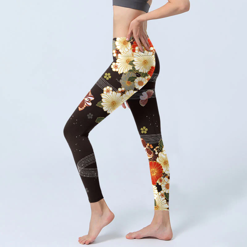 Buddha Stones Floral Butterfly Pattern Print Gym Leggings Women's Yoga Pants