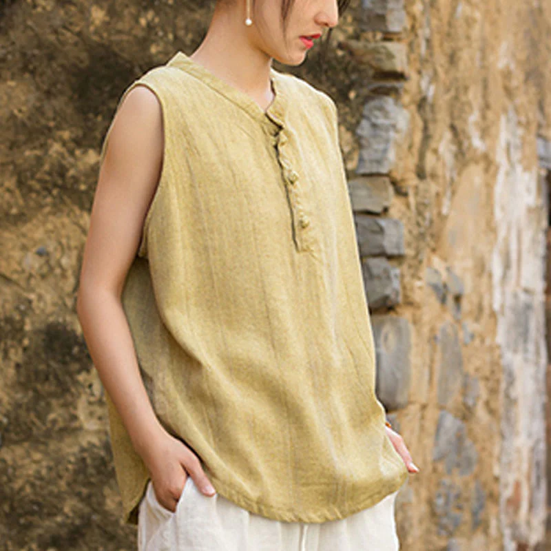 Buddha Stones Summer Tie-dye Buttons Linen Sleeveless Women's Vest