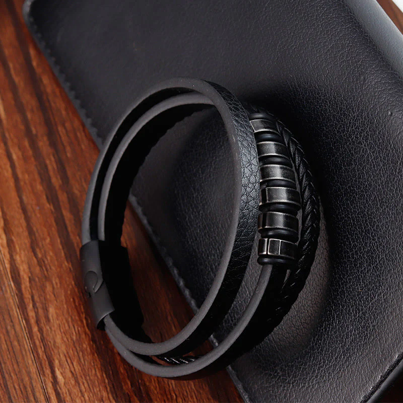 Buddha Stones Simple Titanium Steel Braided Three-layer Leather Buckle Calm Bracelet