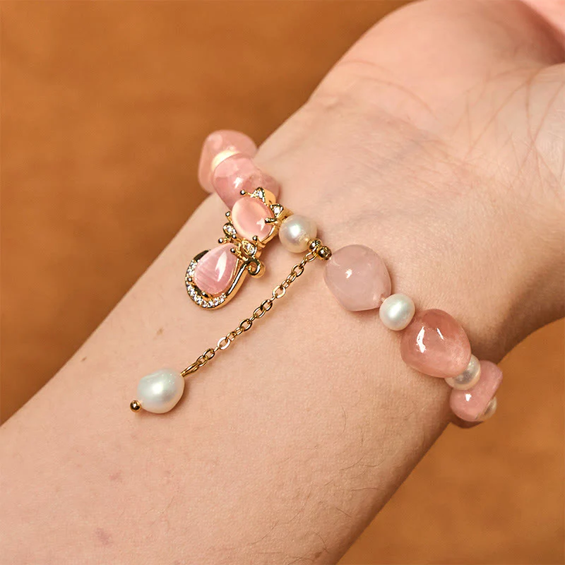 Buddha Stones Natural Strawberry Quartz Pearl Cat Positive Bracelet