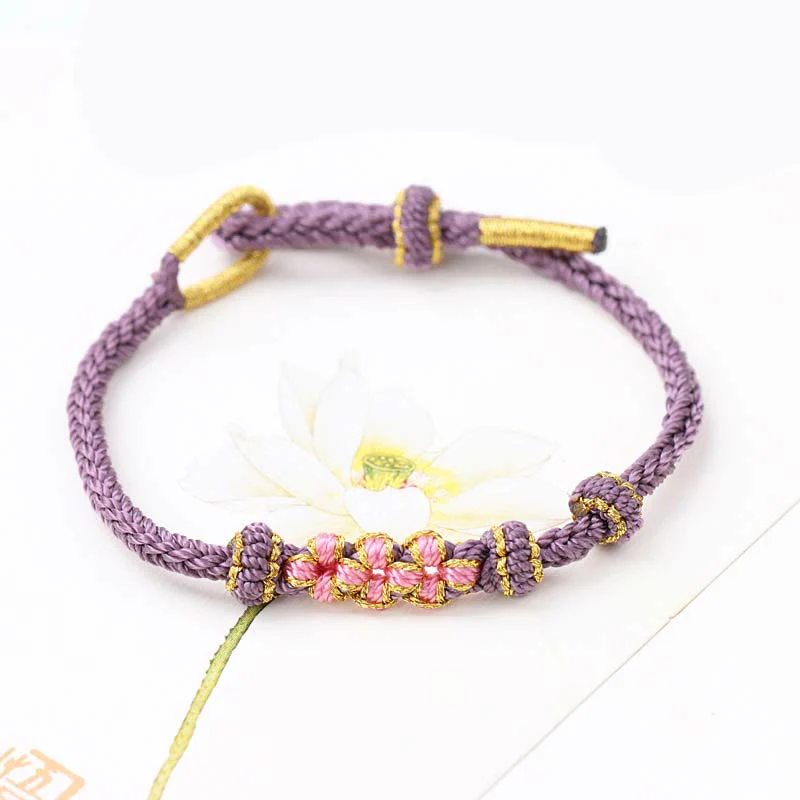 Buddha Stones Handmade Three Peach Blossoms Luck Eight Strands Braided String Bracelet
