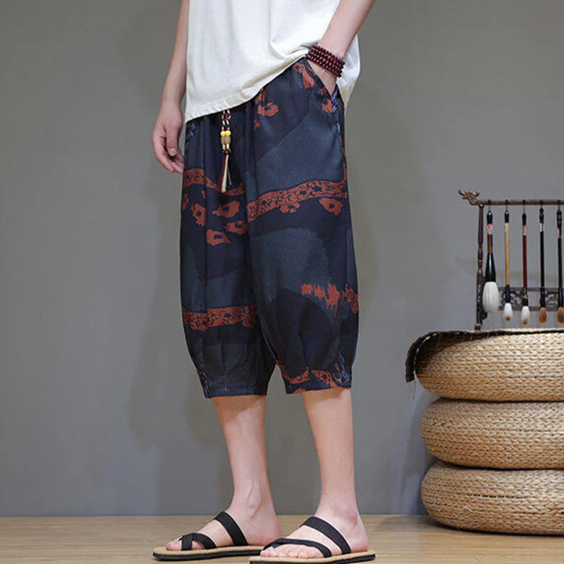 Buddha Stones Summer Bamboo Leaves Flowers Cotton Linen Men's Capri Pants With Pockets