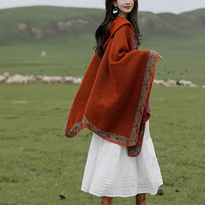 Buddha Stones Tibetan Shawl Border Small Floral Flower Hooded Cloak Winter Cozy Travel Scarf Wrap