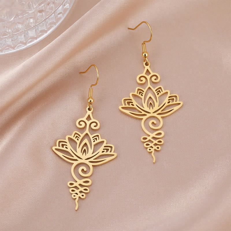 Buddha Stones Hollow Lotus Flower Stainless Steel Enlightenment Metal Drop Earrings