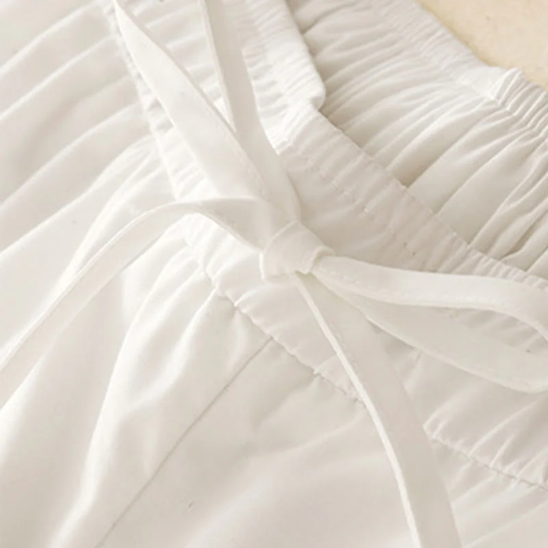 Buddha Stones Commute Plain Lace Patchwork Drawstring Design Women's Wide Leg Cotton Ankle-Length Pants With Pockets