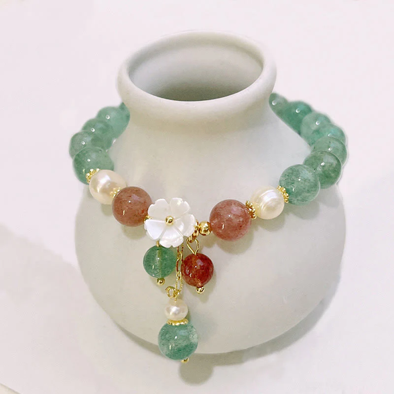 Buddha Stones Green Strawberry Quartz Shell Peach Blossom Soothing Bracelet