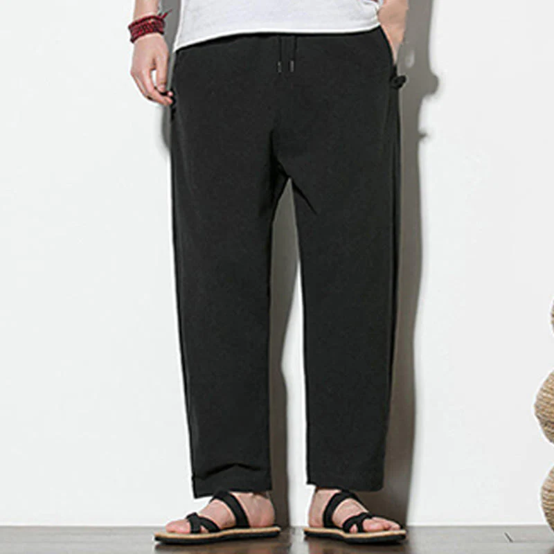 Buddha Stones Summer Side Frog-Button Design Men's Cotton Linen Pants With Pockets