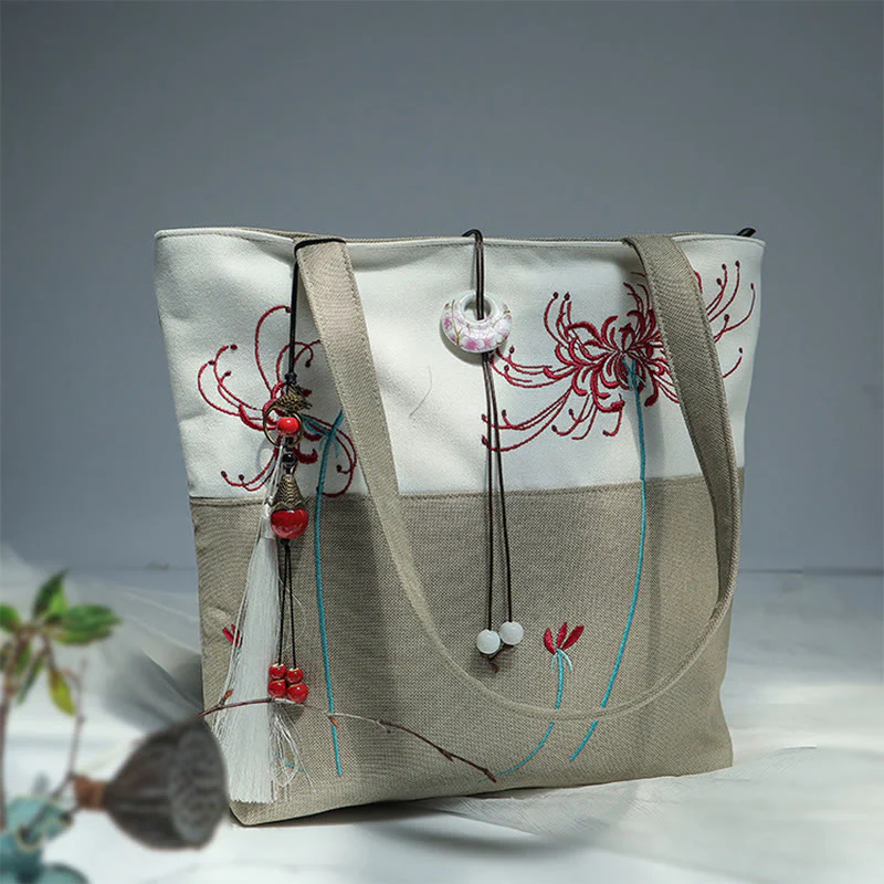 Buddha Stones Pear Flower Plum Peach Blossom Bamboo Embroidery Canvas Large Capacity Shoulder Bag Tote Bag