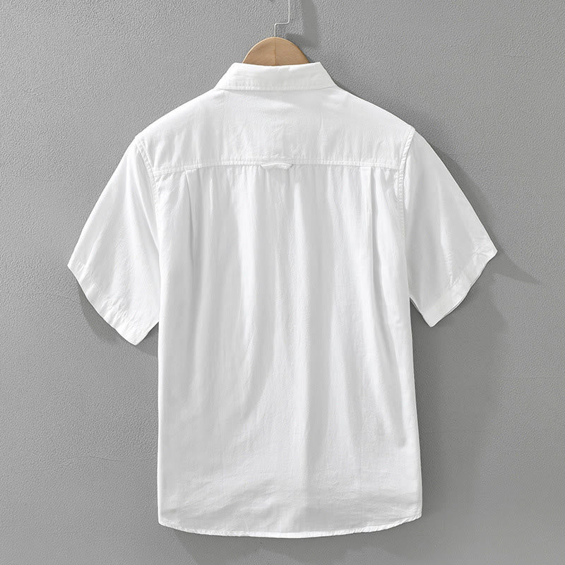 Buddha Stones Artistic Simple Design Embroidery Bamboo Pattern Men's Short Sleeve Cotton Shirt