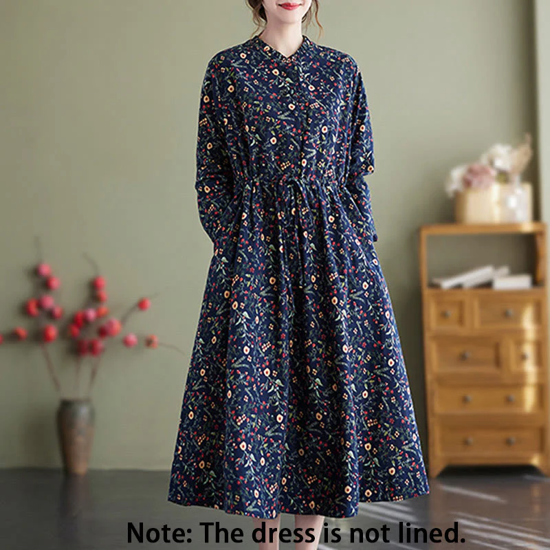 Buddha Stones Ethnic Printing Drawstring Long Sleeve Cotton Linen Midi Dress With Pockets
