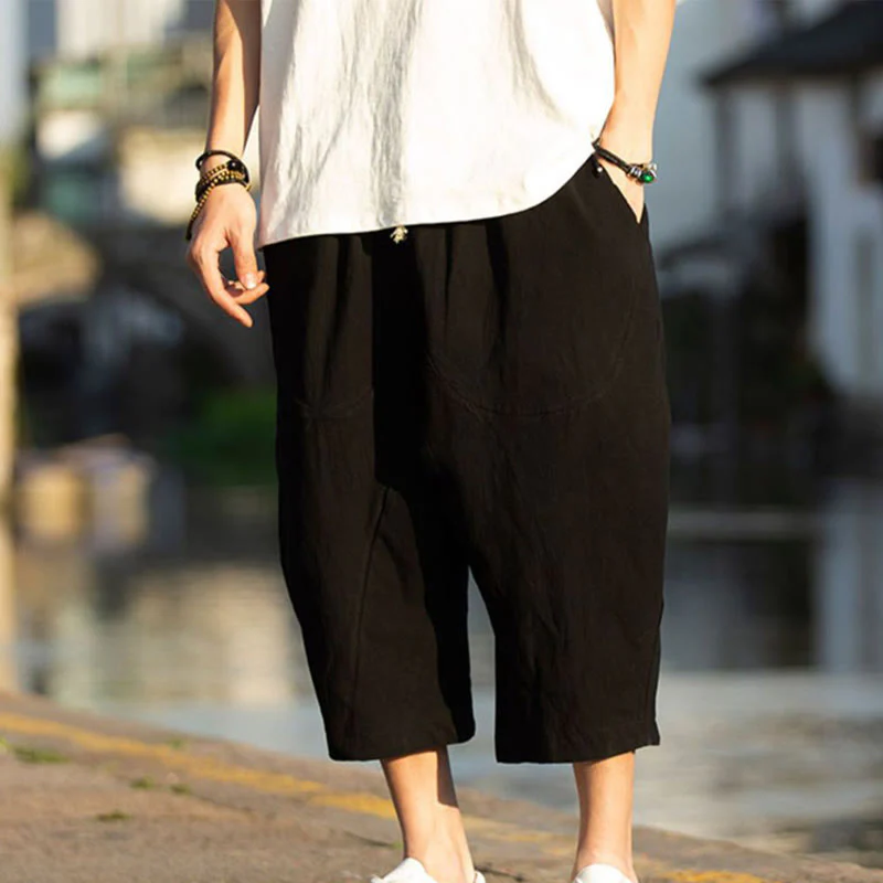 Buddha Stones Summer Plain Pleat Design Drawstring Men's 7-8 Length Cotton Linen Pants With Pockets