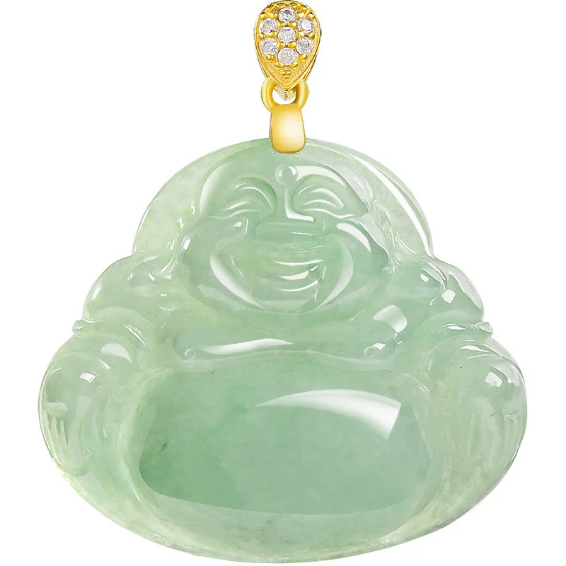 Buddha Stones 925 Sterling Silver Natural Jade Laughing Buddha Luck Prosperity Chain Necklace Pendant