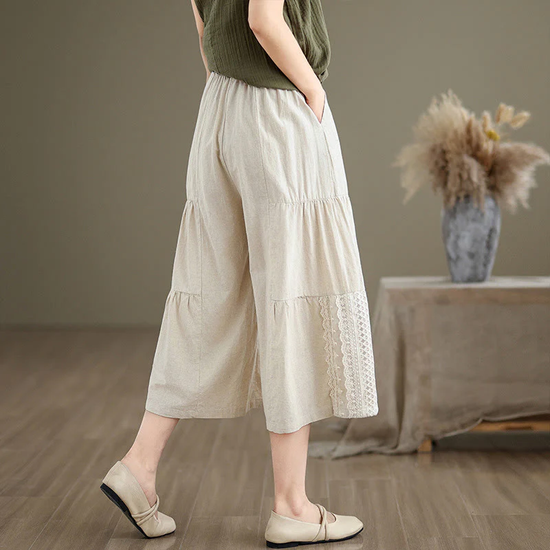 Buddha Stones Casual Plain Lace Splicing Cotton Linen Women's Cropped Wide Leg Pants With Pockets