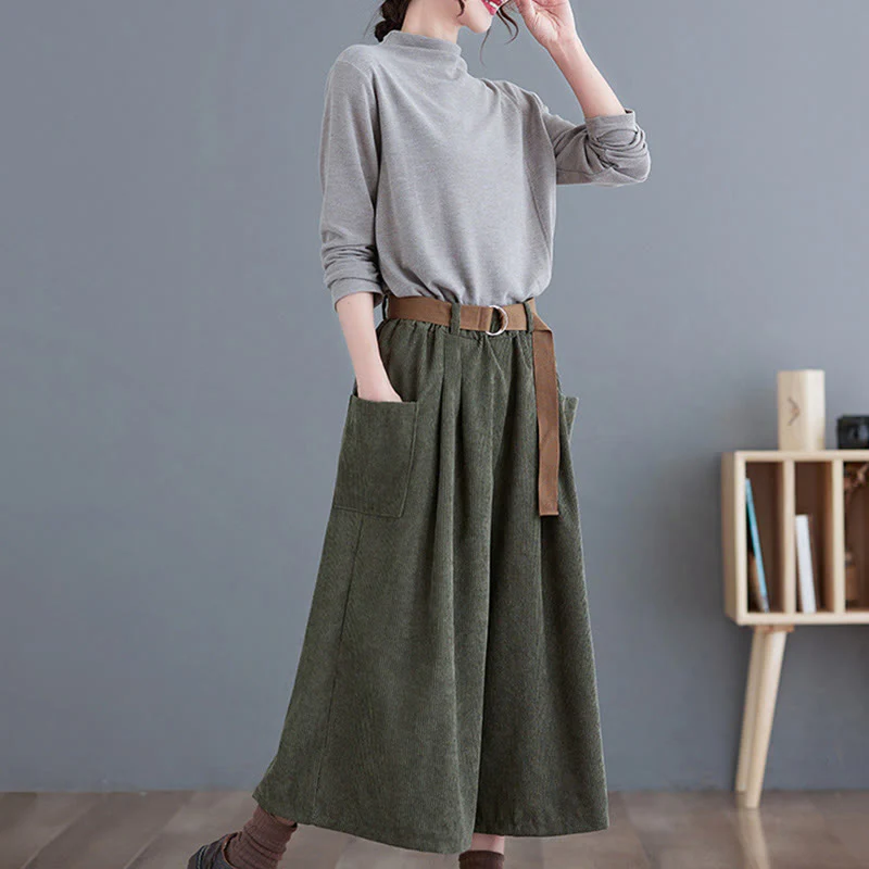 Buddha Stones Retro Women's Wide Leg 7-8 Length Corduroy Cotton Pants With Pockets Belt