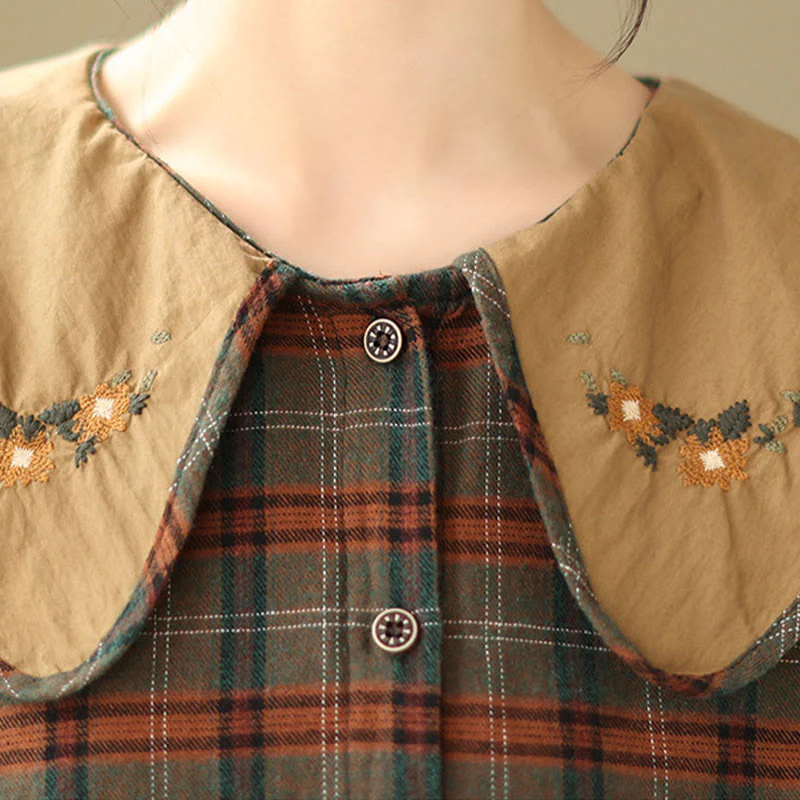 Buddha Stones Embroidered Plaid Pattern Cotton Women's Shirt