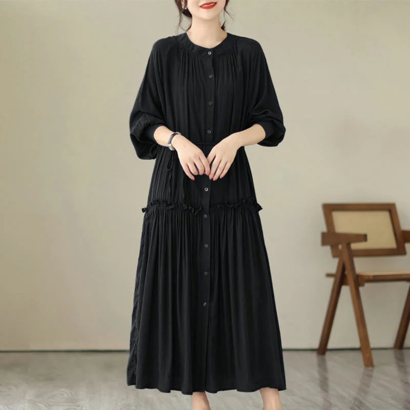 Buddha Stones Casual Plain Crew Neck Pleated Polyester Midi Dress With Pockets