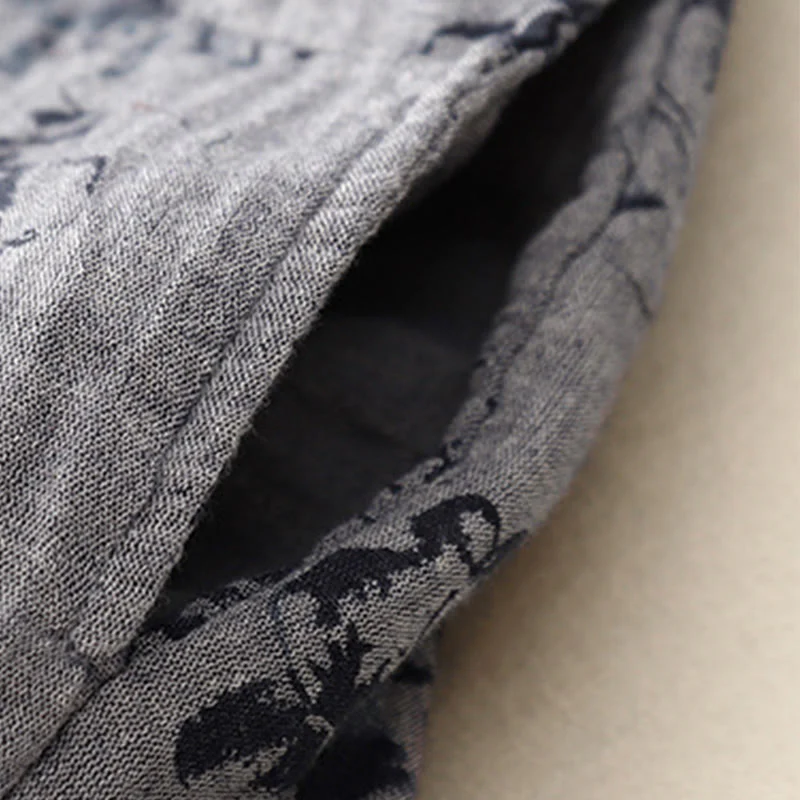 Buddha Stones Casual Small Floral Pattern Crew Neck Cotton Linen Midi Dress With Pockets