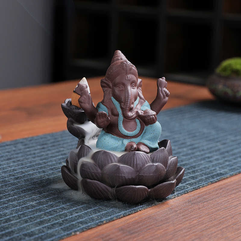 Buddha Stones Ganesh Elephant Purple Clay Backflow Smoke Fountain Protection Incense Burner