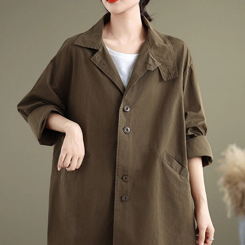Buddha Stones Spring Plain Buttons Design Long Sleeve Women's Cotton Linen Jacket With Pockets