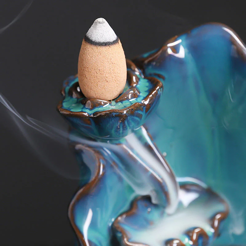 Buddha Stones Blue Lotus Leaf Ceramic Backflow Smoke Fountain Spiritual Incense Burner Decoration