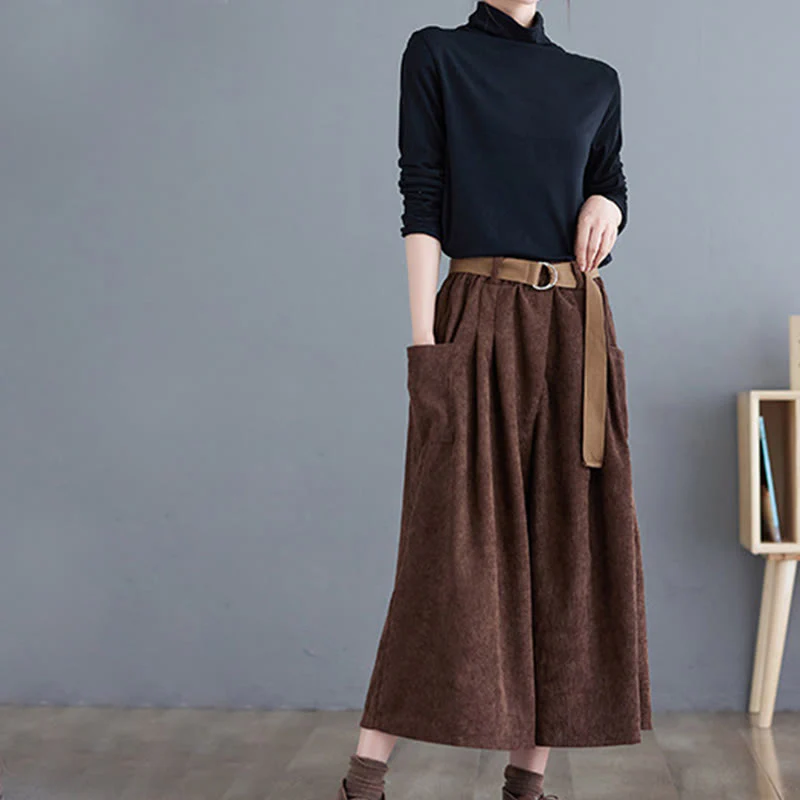 Buddha Stones Retro Women's Wide Leg 7-8 Length Corduroy Cotton Pants With Pockets Belt