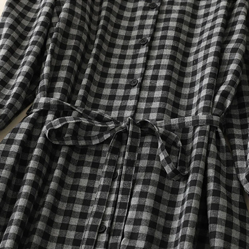 Buddha Stones Black Lace-Up Design Plaid Lapel Cotton Linen Midi Dress With Pockets