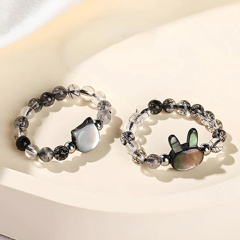 Buddha Stones 3mm Black Rutilated Quartz Tridacna Stone Rabbit Cat Ring