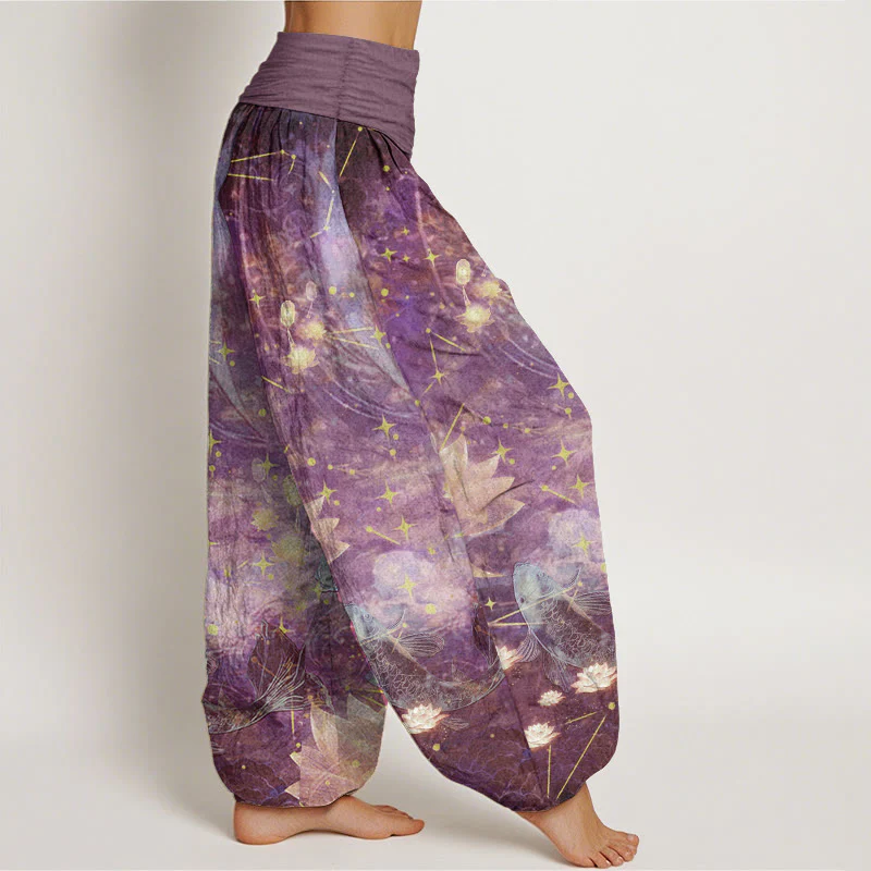 Buddha Stones Pure Cotton Koi Fish Lotus Moon Stars Pattern Women's Elastic Waist Harem Pants