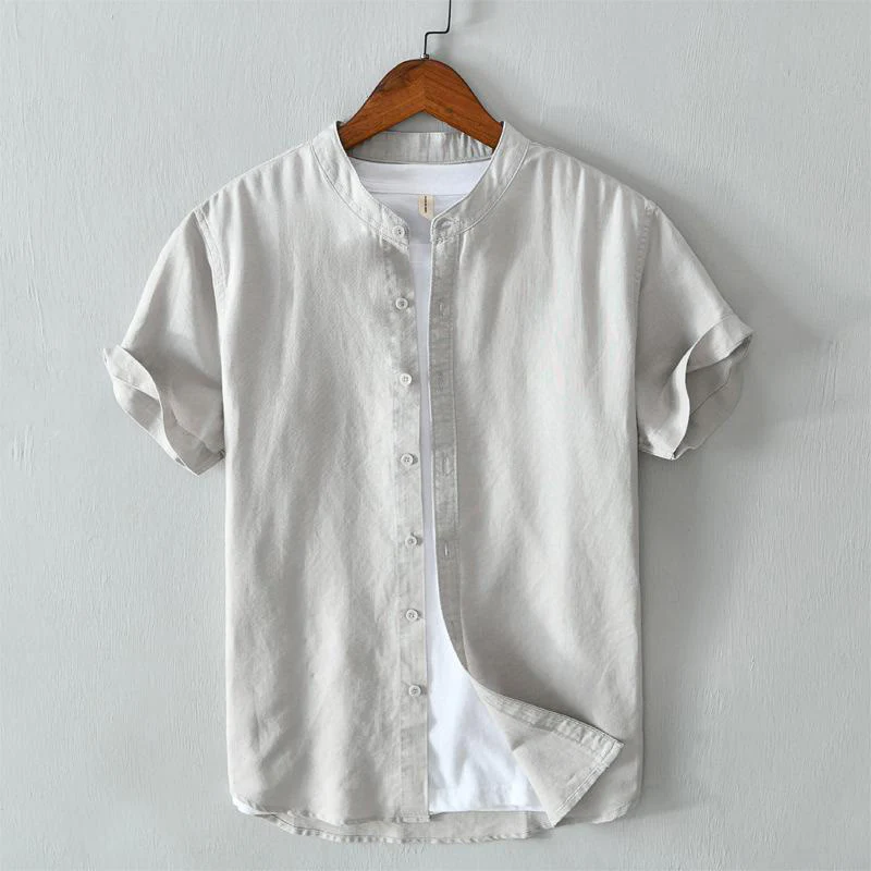 Buddha Stones Simple Style Short Sleeve Button Cotton Linen Men's Shirt