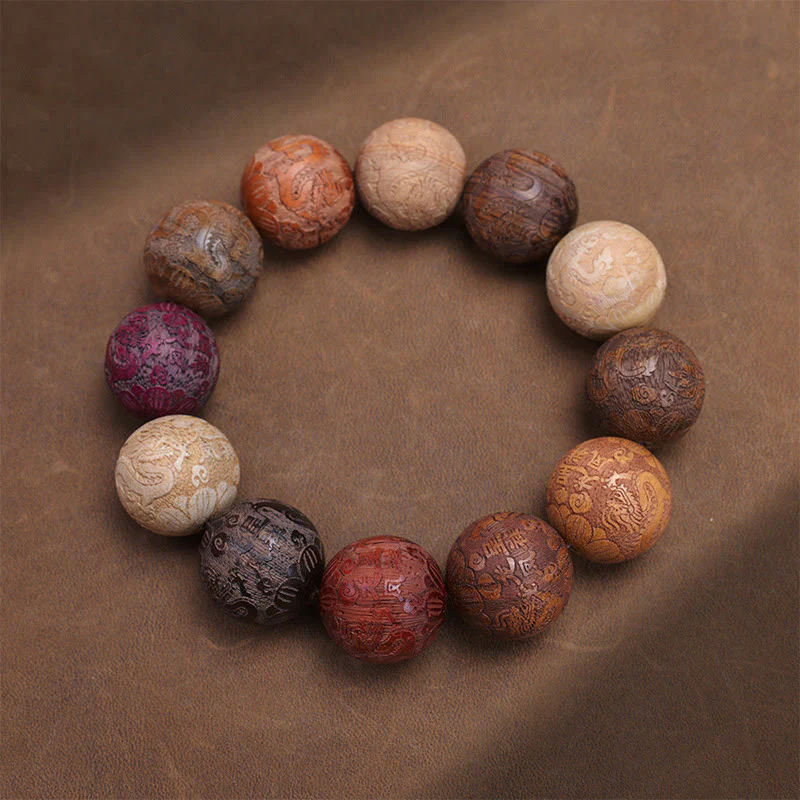 Buddha Stones Carving Sandalwood Chinese Zodiac Auspicious Dragon Phoenix Fu Character Healing Bracelet