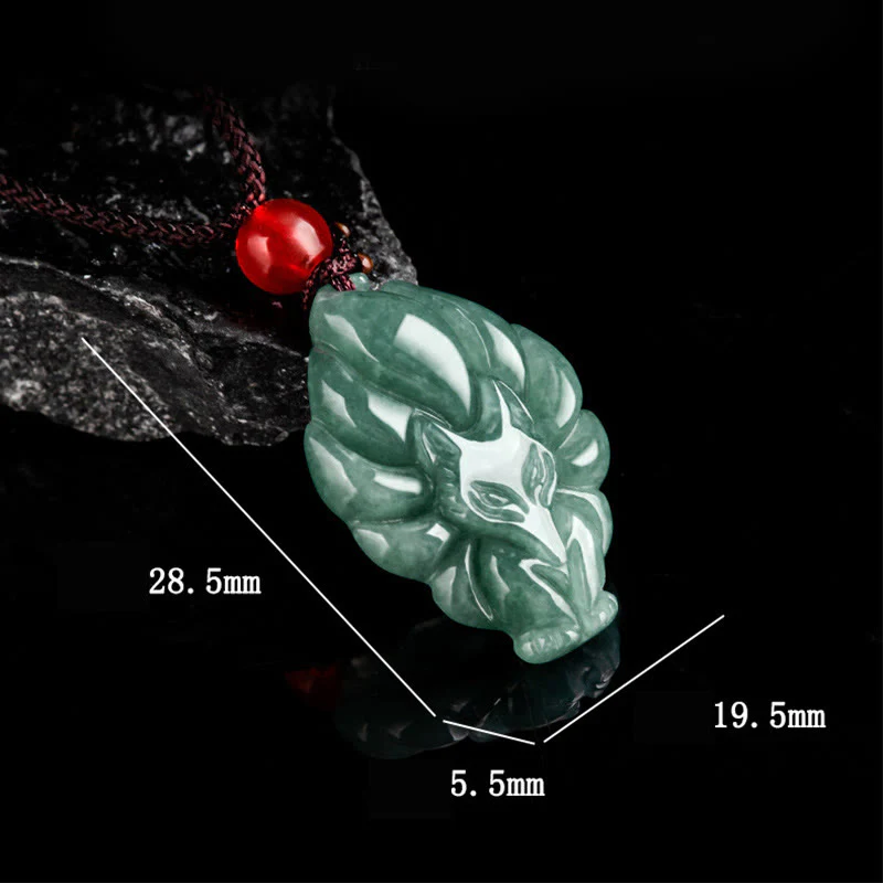 Buddha Stones Natural Green Jade Nine Tailed Fox Luck Necklace Pendant