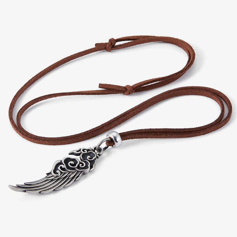 Buddha Stones 925 Sterling Silver Auspicious Clouds Wing Cotton Rope Deerskin Rope Necklace Pendant