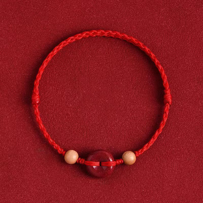 Buddha Stones Peach Wood Peace Buckle Cinnabar Wealth String Bracelet Anklet