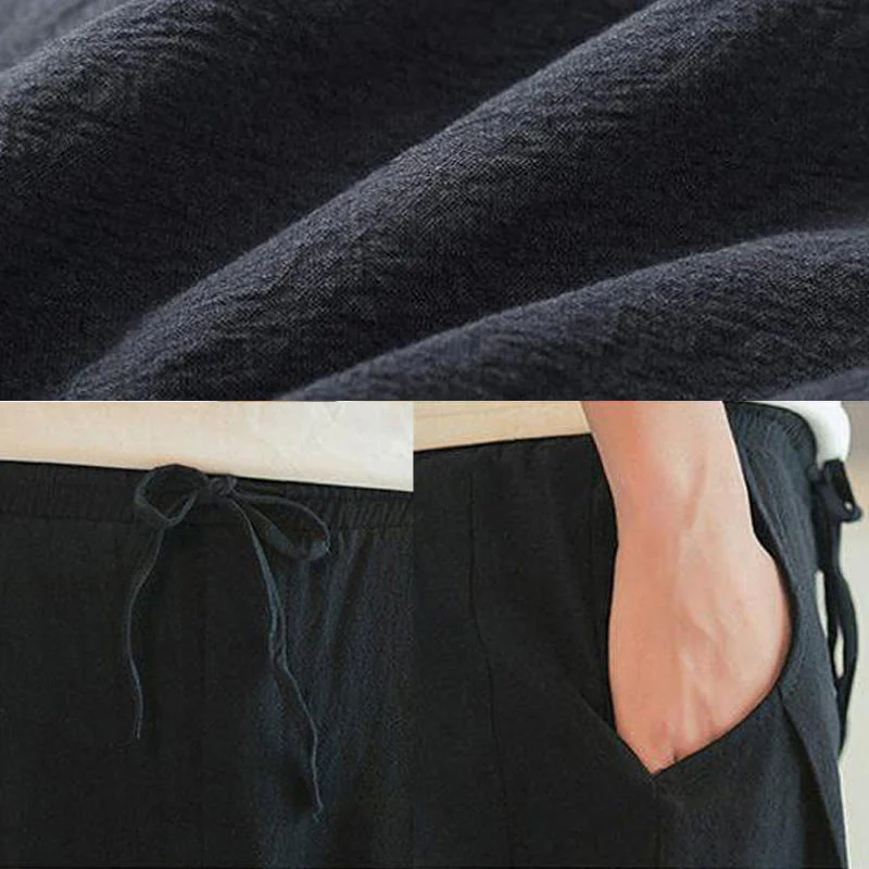 Buddha Stones Crane Embroidery Cotton Men's Cropped Harem Pants With Pockets