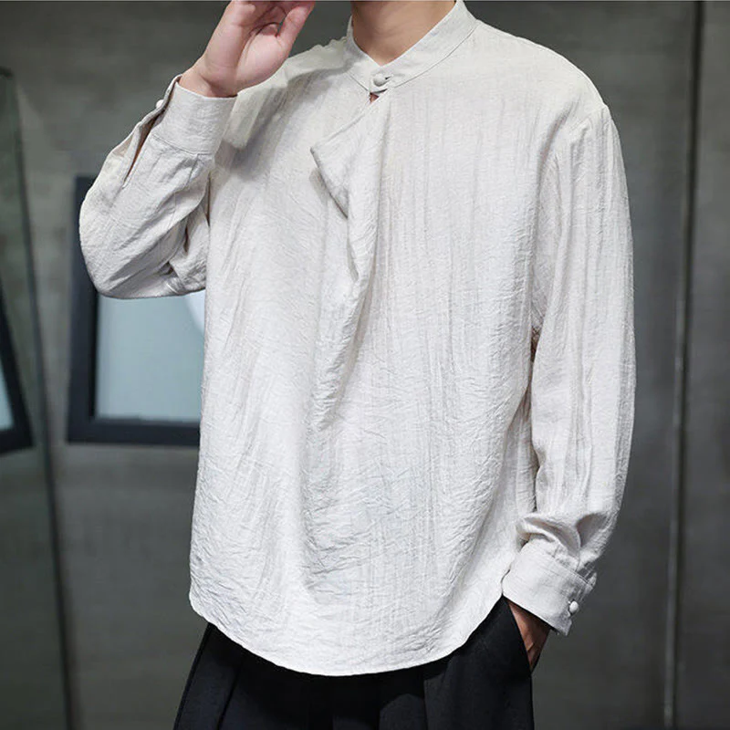 Buddha Stones Spring Solid Color Pleated Stand Collar Design Tang Suit Men's Long Sleeve Linen Shirt