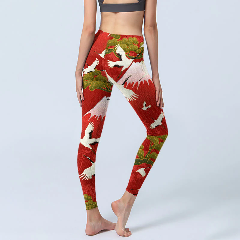 Buddha Stones Crane Mount Fuji Pine Tree Pattern Print Gym Leggings Women's Yoga Pants