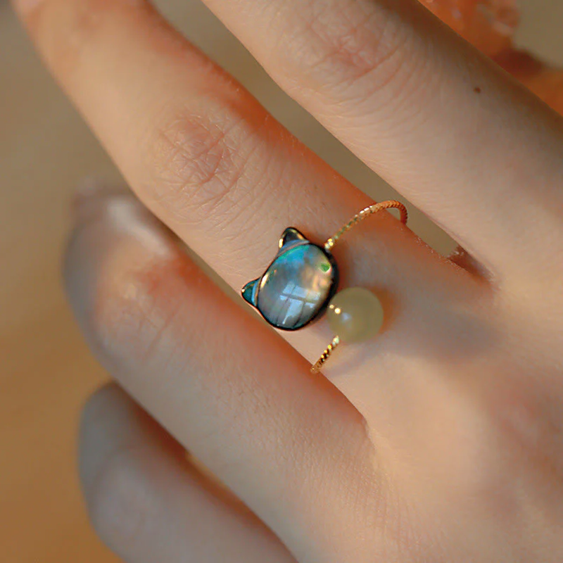 Buddha Stones Black Tridacna Stone Cat Jade Blessing Adjustable Ring