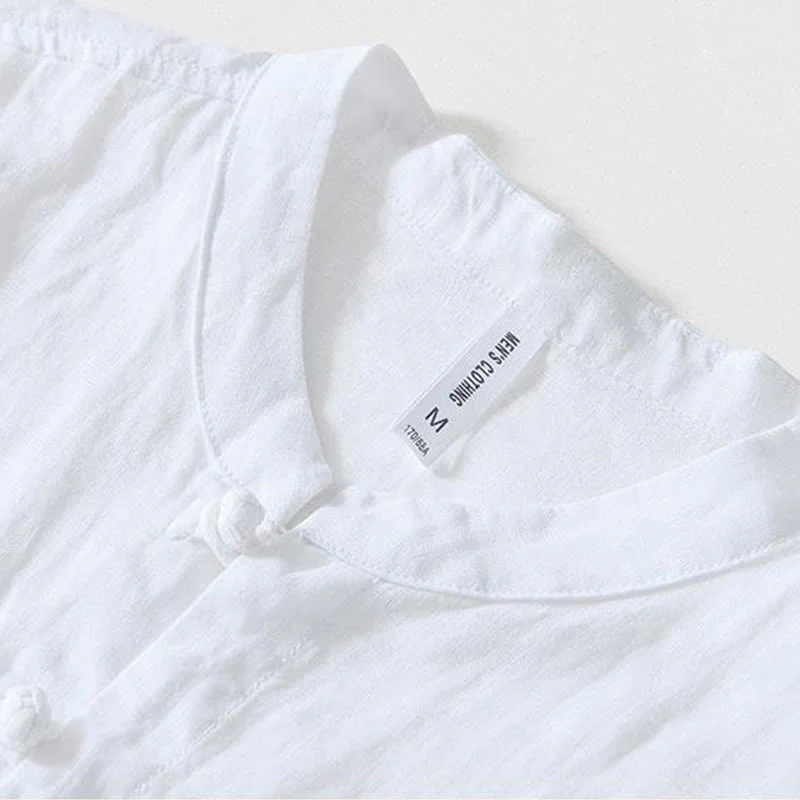 Buddha Stones Daily Frog-Button Stand Collar Short Sleeve Linen Men's Shirt